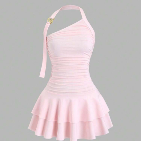 Spiral Detaylı Pembe Rengi Mini Elbise