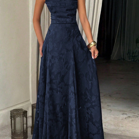 Elegant Lace Up Waist Backless Uzun Elbise - Lacivert