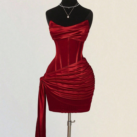 Elegant Korseli Saten İnfamous Elbise - Kırmızı