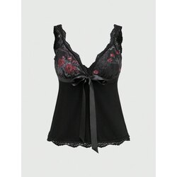 Dekolte Askılı Floral Kurdeleli Victorian Bluz - Siyah