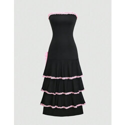 Siyah Pembe Fiyonk Detaylı  Strapless Katlı Elbise
