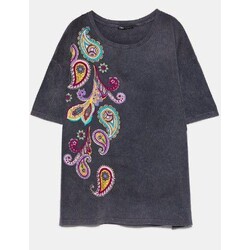Yıkamalı Kumaştan Önde  Şal desen  Detaylı Oversize T-shirt 