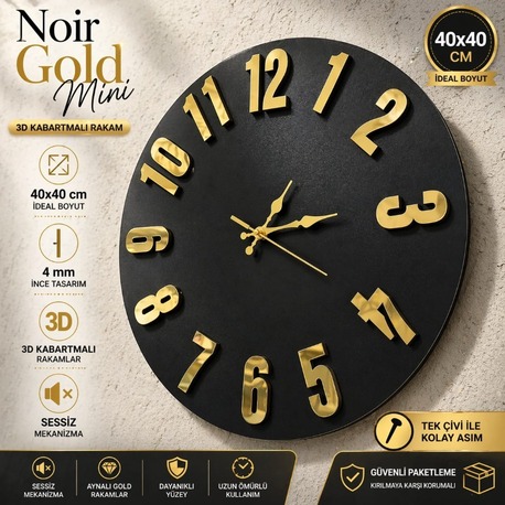 Noir Gold Mini – 40x40 cm 3D Gold Aynalı Siyah Duvar Saati