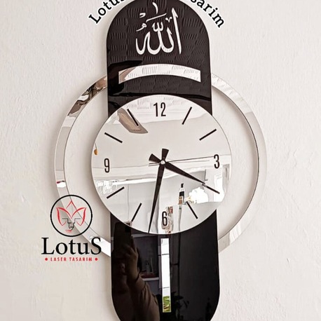 “Allah (c.c.)” Lafzı Yazılı Dekoratif Duvar Saati | Aynalı Pleksi Modern Dini Saat