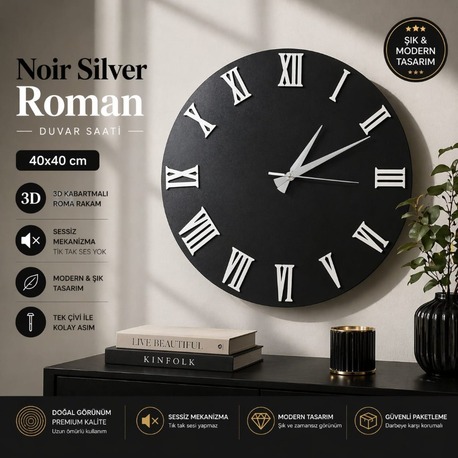 Noir Silver Roman – 40x40 cm Siyah Beyaz Roma Rakamlı Duvar Saati | 3D Kabartmalı