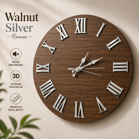 Walnut Silver Roman –Ceviz & Gümüş Aynalı Roma Rakamlı Duvar Saati 40x40 cm