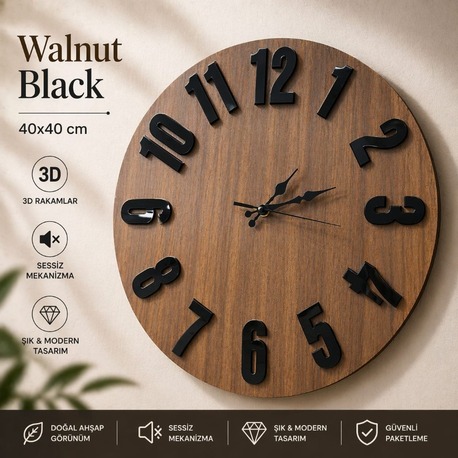Walnut Black – Ceviz Siyah Aynalı Duvar Saati 40x40 cm, 3D Kabartmalı