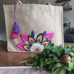 Mandala yarım desen punch nakışlı jüt çanta