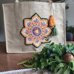 Mandala desen punch nakışlı jüt çanta