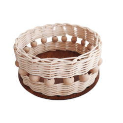 Atölye Aruv - Rattan Ahşap Boncuklu Yuvarlak Sepet