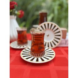 6’lı 130 ml Çay Bardağı Seti - Altın Yaldızlı Desenli Tabağıyla