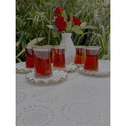 6 Parça Altın Yaldızlı Fırfır Desenli Seramik Çay Takımı - 130 ml