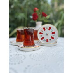 12 Parça Kırmızı Çiçek Desenli Seramik Çay Takımı - 130 ml