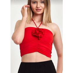 Yaka Gül Detaylı Kırmızı Crop