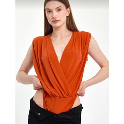 Kruvaze Yaka Turuncu Çıtçıtlı Bluz