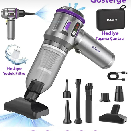  TurboVac 20000pa Güçlü Dijital Göstergeli Vakumlu Kablosuz Üflemeli Mini Araç Süpürgesi
