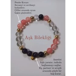 Aşk Bilekliği Pembe Kuvars, Kristal Kuvars ve Ametist Doğal Taş Bileklik 