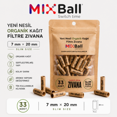 33 Adet Mixball Organik Kağıt Filtre 8 mm × 20 mm – Slim Seri (Sertleştirilmiş)