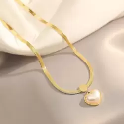 ÇELİK KOLYE İNCİLİ KALP GOLD 