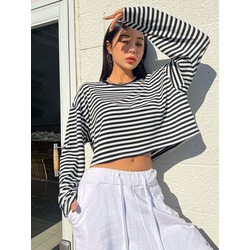 Üç İplik Çizgili Crop Kazak