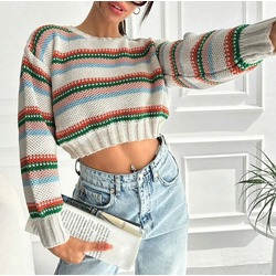 Çizgi Desen Crop Yün Kazak