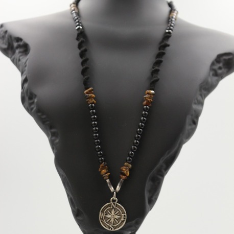 Handmade Men's Natural Stone Necklace – Tiger's Eye with Compass Pendant, Unique & Spe