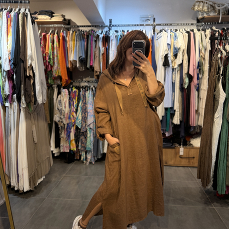 Oversize Kapsonlu Keten Elbise 