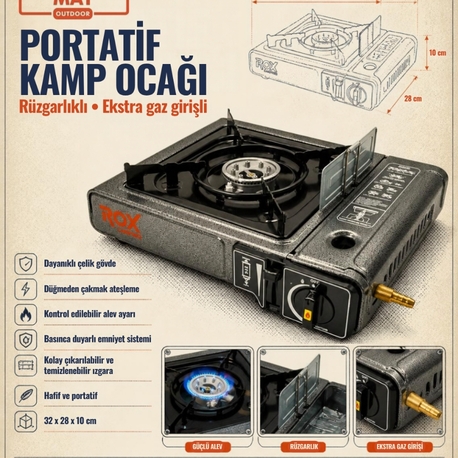 Tekli Portatif Kamp Ocak, Rüzgarlıklı, Ekstra Gaz Girişli