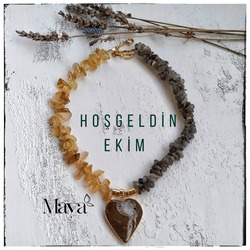 Sitrin, labradorit taşlı, ammonit uçlu Maya kolye 