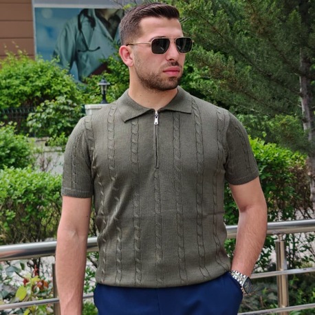 Örgü Desenli Polo Yaka Triko-Haki
