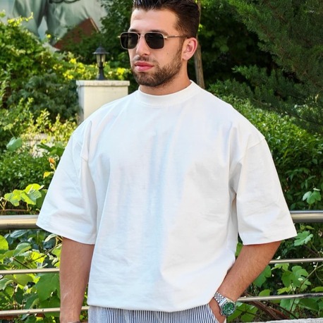 Oversize Basic Bisiklet Yaka Tişört-Beyaz