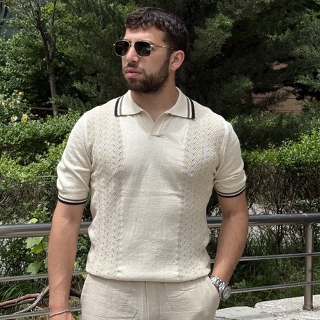 Premium Polo Yaka Örgü Desenli Triko-Bej