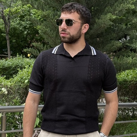 Premium Polo Yaka Örgü Desenli Triko-Siyah