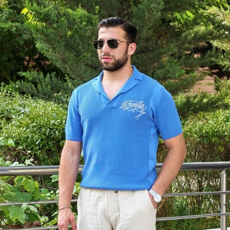 Premium Resort Yaka Nakışlı Triko Tişört-Bebe Mavisi
