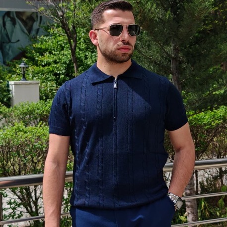 Örgü Desenli Polo Yaka Triko-Lacivert