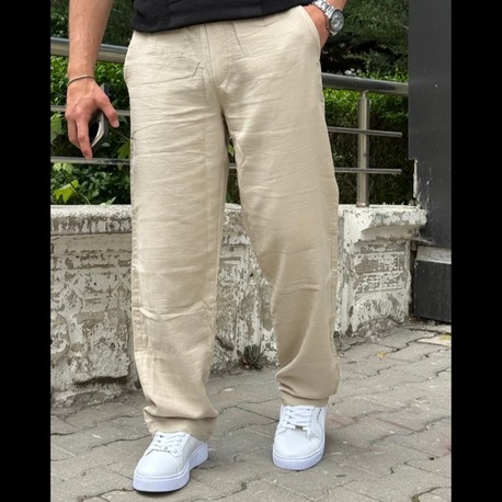 Baggy Yazlık Keten Pantolon-Bej