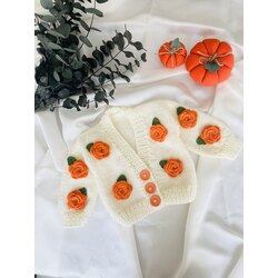Turuncu Gül Detaylı El Örgüsü Bebek Hırkası