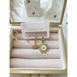 Yeşil Taşlı Çiçekli 3’lü Küpe Set