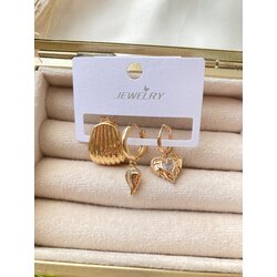 Midye, Kanat, Taşlı Kalp 3’lü Küpe Set 