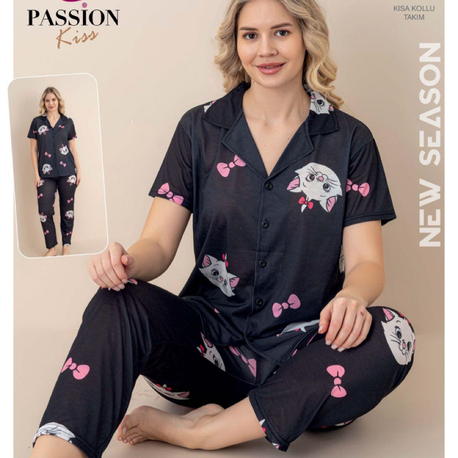 Kedili siyah pijama takımı 