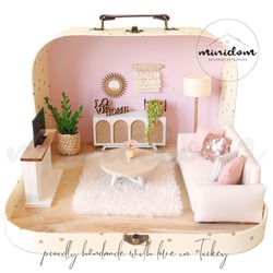  Minidom Travel Dollhouse Living Room Consept, Çantalı Taşınabilir Bebek Evi Oturma Odası Konsepti