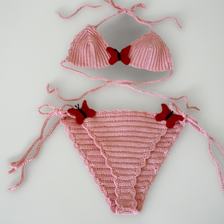  El Örgüsü Kelebek Detaylı Crochet Bikini Takımı - Pembe