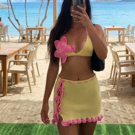 Limon Sarısı & Pembe El Yapımı Plaj Seti - Çiçek Aplikeli