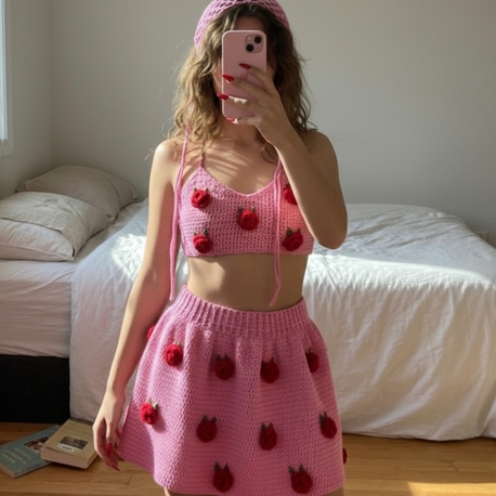 3D Güllü Pembe Örgü Crop ve Mini Etek Takım & File Yazlık Şapka Seti