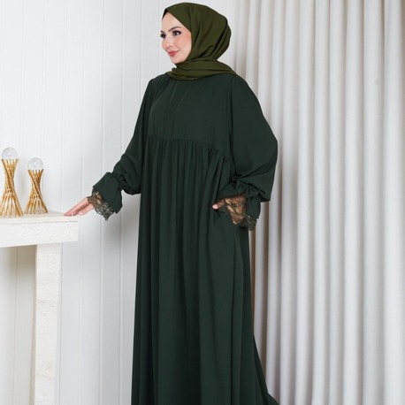 MEDİNE İPEĞİ KOLU DANTELİ ELBİSE``HAKİ