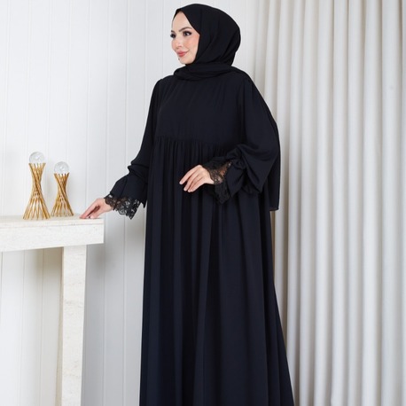 MEDİNE İPEĞİ KOLU DANTELLİ ELBİSE``SİYAH