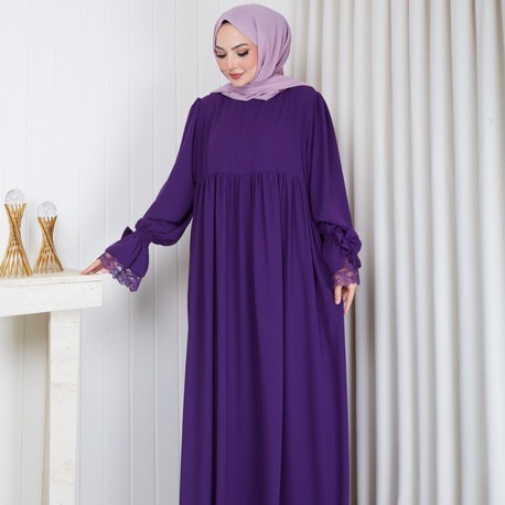 MEDİNE İPEĞİ KOLU DANTELLİ ELBİSE``MOR