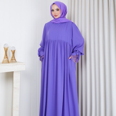 MEDİNE İPEĞİ KOLU DANTELLİ ELBİSE``LİLA