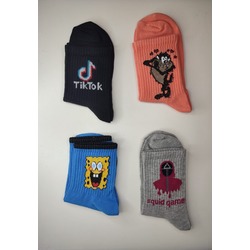 Unisex Desenli Kolej Çorap 4lü (Tiktok, Tazmanya Canavarı, Sünger Bob, Squid Game)