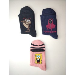 Unisex Desenli Kolej Çorap 3lü (Tazmanya Canavarı, Sünger Bob, Squid Game) SP